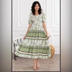 Elegant Green Floral Midi Dress